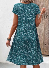 Turquoise Patchwork Floral Print A Line Short Sleeve Dress | thumb picture 