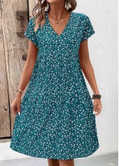 Turquoise Patchwork Floral Print A Line Short Sleeve Dress | thumb picture 