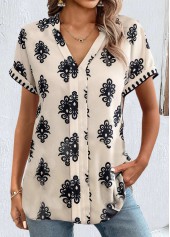 Light Camel Patchwork Tribal Print Short Sleeve Blouse