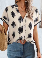 Light Camel Patchwork Tribal Print Short Sleeve Blouse