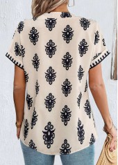 Light Camel Patchwork Tribal Print Short Sleeve Blouse