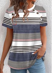 Dusty Blue Button Plus Size Striped T Shirt