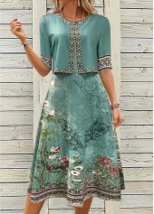Turquoise Two Piece Floral Print Dress and Cardigan | thumb picture 
