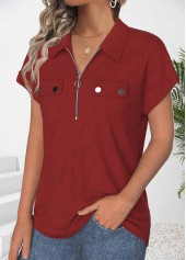 Wine Red Zipper Short Sleeve Polo Collar Shirt | thumb picture 