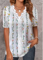 White Embroidery Floral Print Short Sleeve V Neck Blouse