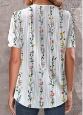 White Embroidery Floral Print Short Sleeve V Neck Blouse