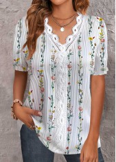 White Embroidery Floral Print Short Sleeve V Neck Blouse