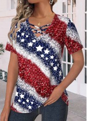 Plus Size Navy Criss Cross Flag Print T Shirt | thumb picture 