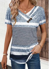 Navy Button Striped Short Sleeve V Neck T Shirt