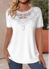 White Patchwork Short Sleeve Round Neck T Shirt