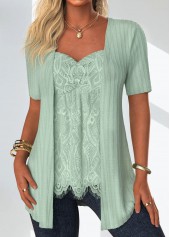 Sage Green Lace Short Sleeve Fake Two Piece Twinset