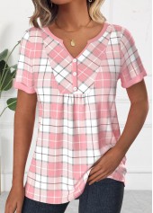 Light Pink Patchwork Plaid Short Sleeve T Shirt