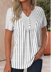 Light Grey Button Striped Short Sleeve T Shirt | thumb picture 