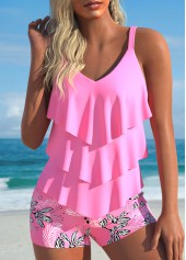 Handkerchief Hem Plants Print Pink Tankini Set