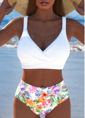 Criss Cross Floral Print White Bikini Set