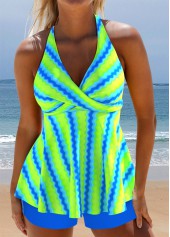 Surplice Wave Pattern Print Neon Green Tankini Set
