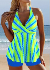 Surplice Wave Pattern Print Neon Green Tankini Set | thumb picture 