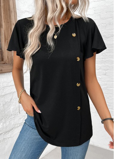 women clothes image of Black Button Short Sleeve Round Neck T Shirt