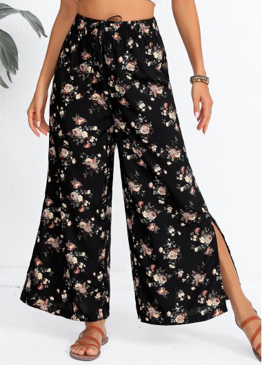 women clothes image of Black Split Ditsy Floral Print Flare Leg Pants