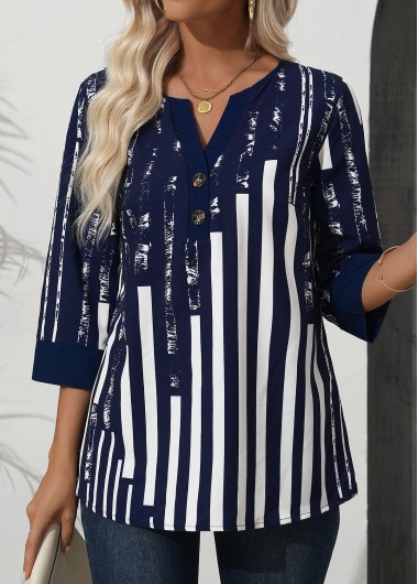 women clothes image of Navy Patchwork Striped 3/4 Sleeve Split Neck Blouse