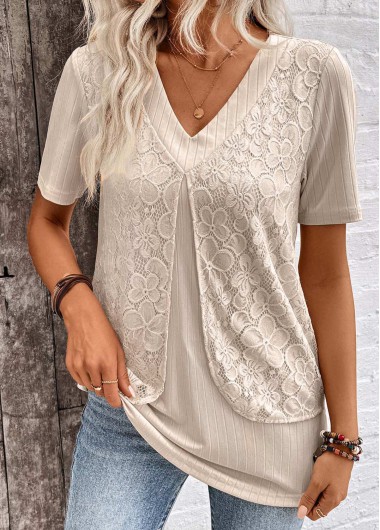 women clothes image of Light Camel Layered Short Sleeve Fake Two Piece Twinset