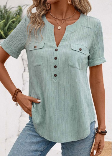 women clothes image of Mint Green Patchwork Short Sleeve Split Neck Blouse