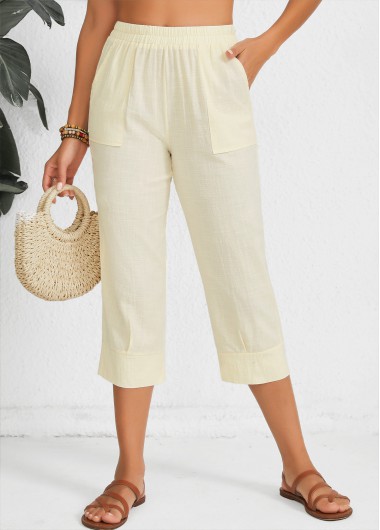 women clothes image of Light Camel Straight Leg Elastic Waist Mid Waisted Pants
