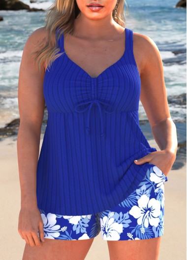 women clothes image of Ruched Floral Print Royal Blue Tankini Set