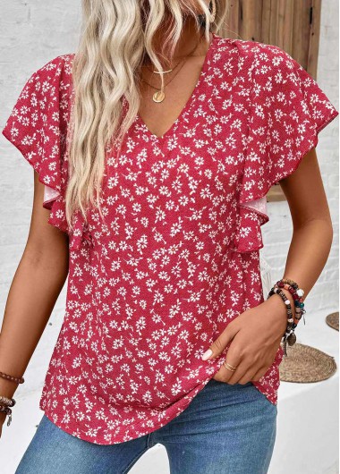 women clothes image of Wine Red Ruffle Ditsy Floral Print Short Sleeve Blouse