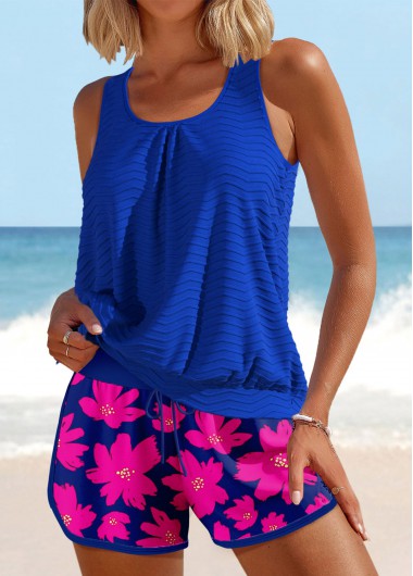 women clothes image of Patchwork Floral Print Royal Blue Tankini Set