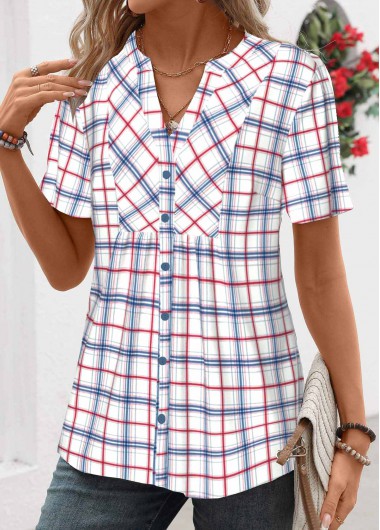 women clothes image of Blue Patchwork Plaid Short Sleeve Split Neck Shirt