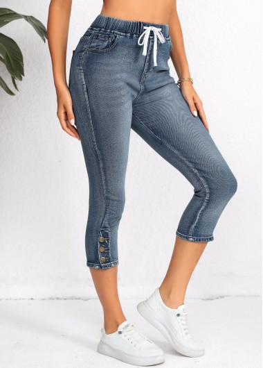 women clothes image of Denim Blue Pocket Regular Elastic Waist High Waisted Jeans