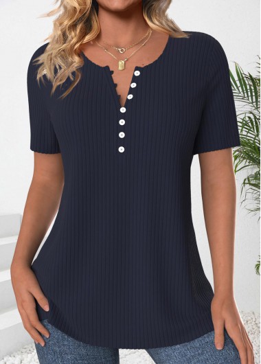 women clothes image of Navy Button Short Sleeve Round Neck T Shirt