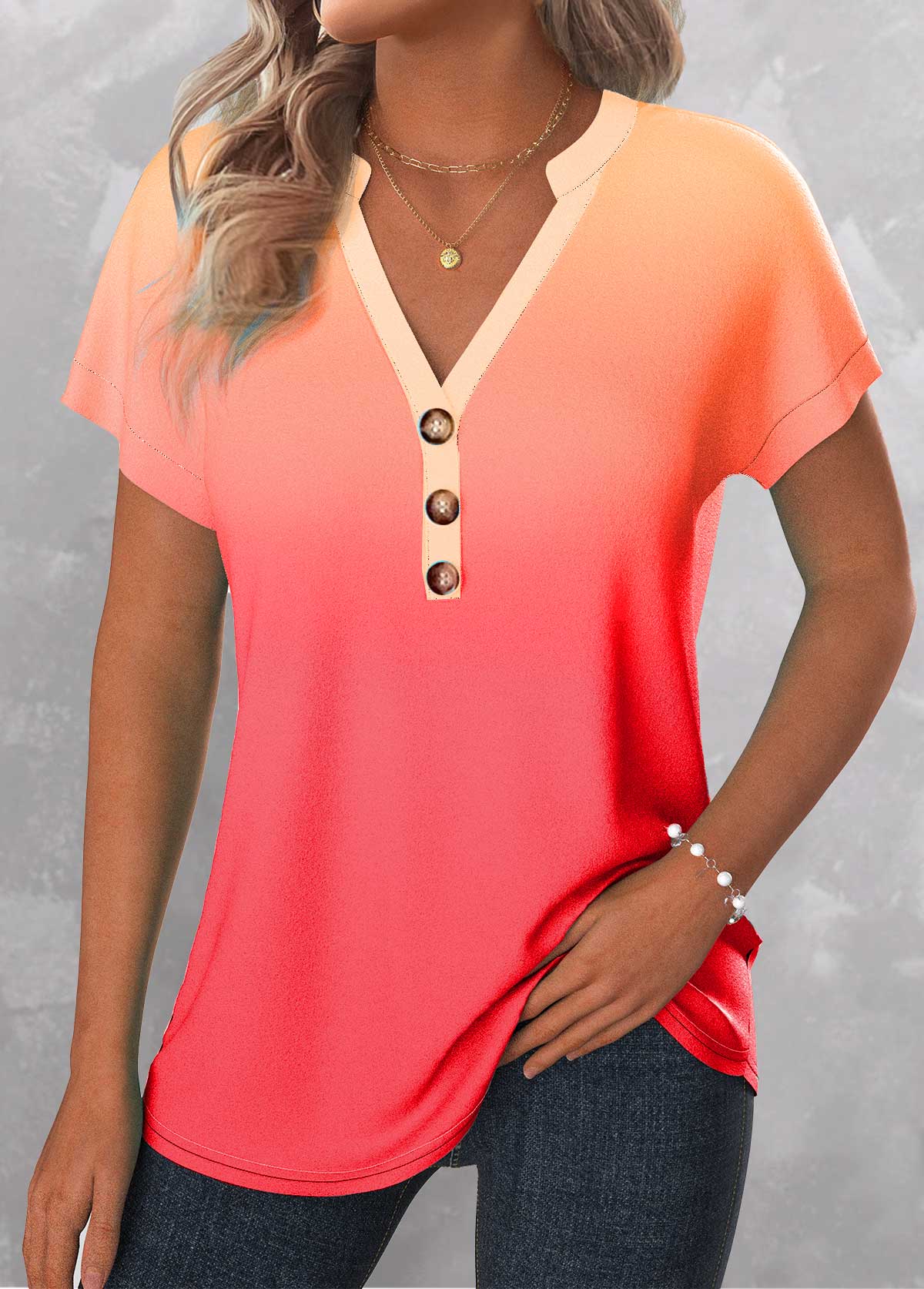 Plus Size Peach Red Button Ombre T Shirt