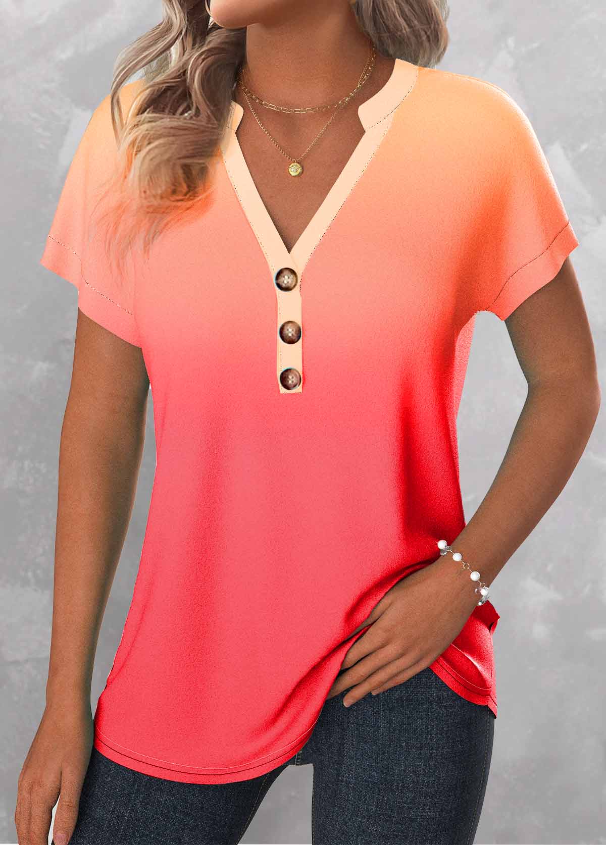 Peach Red Button Ombre Sleeveless T Shirt | picture 