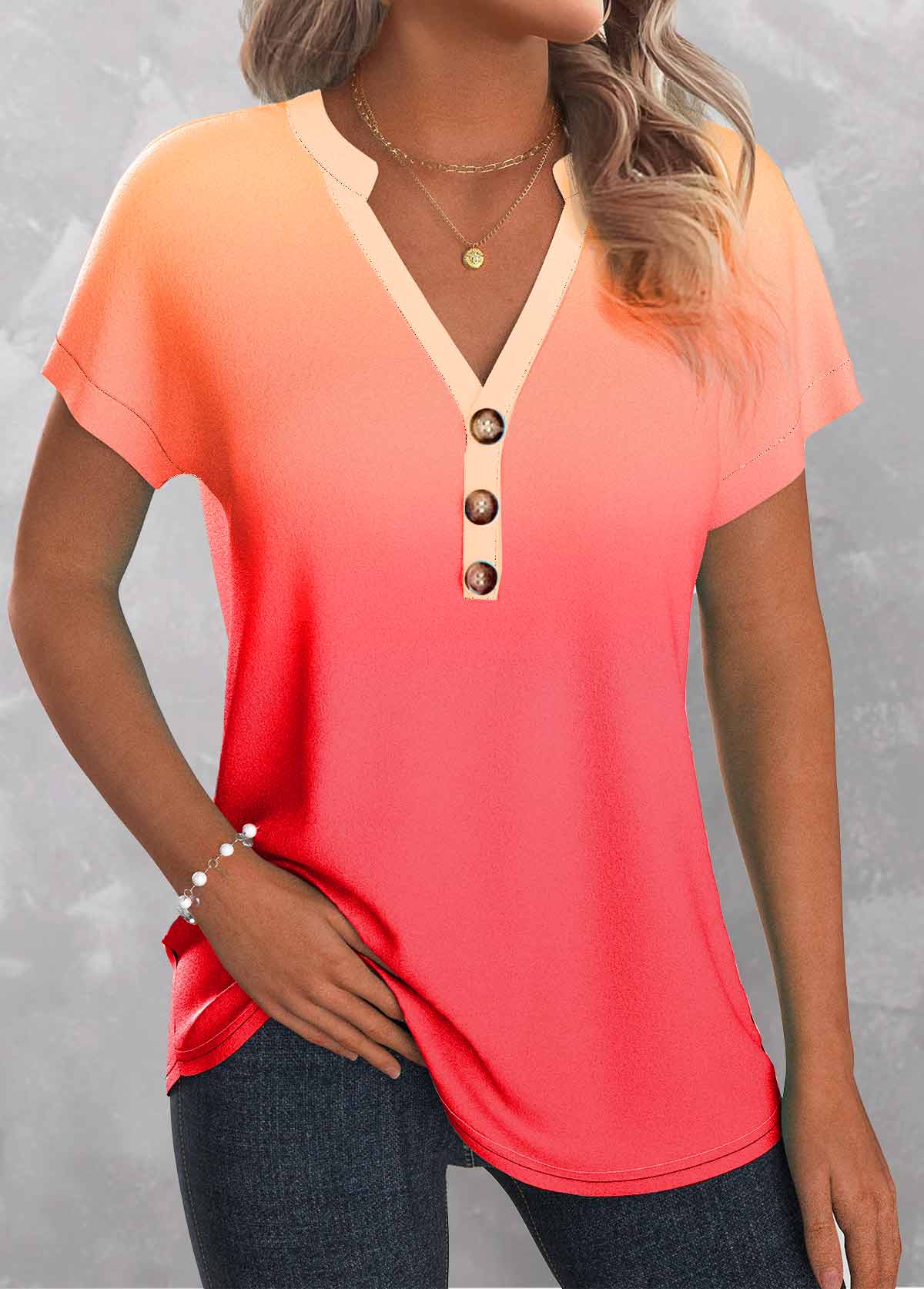 Peach Red Button Ombre Sleeveless T Shirt | picture 