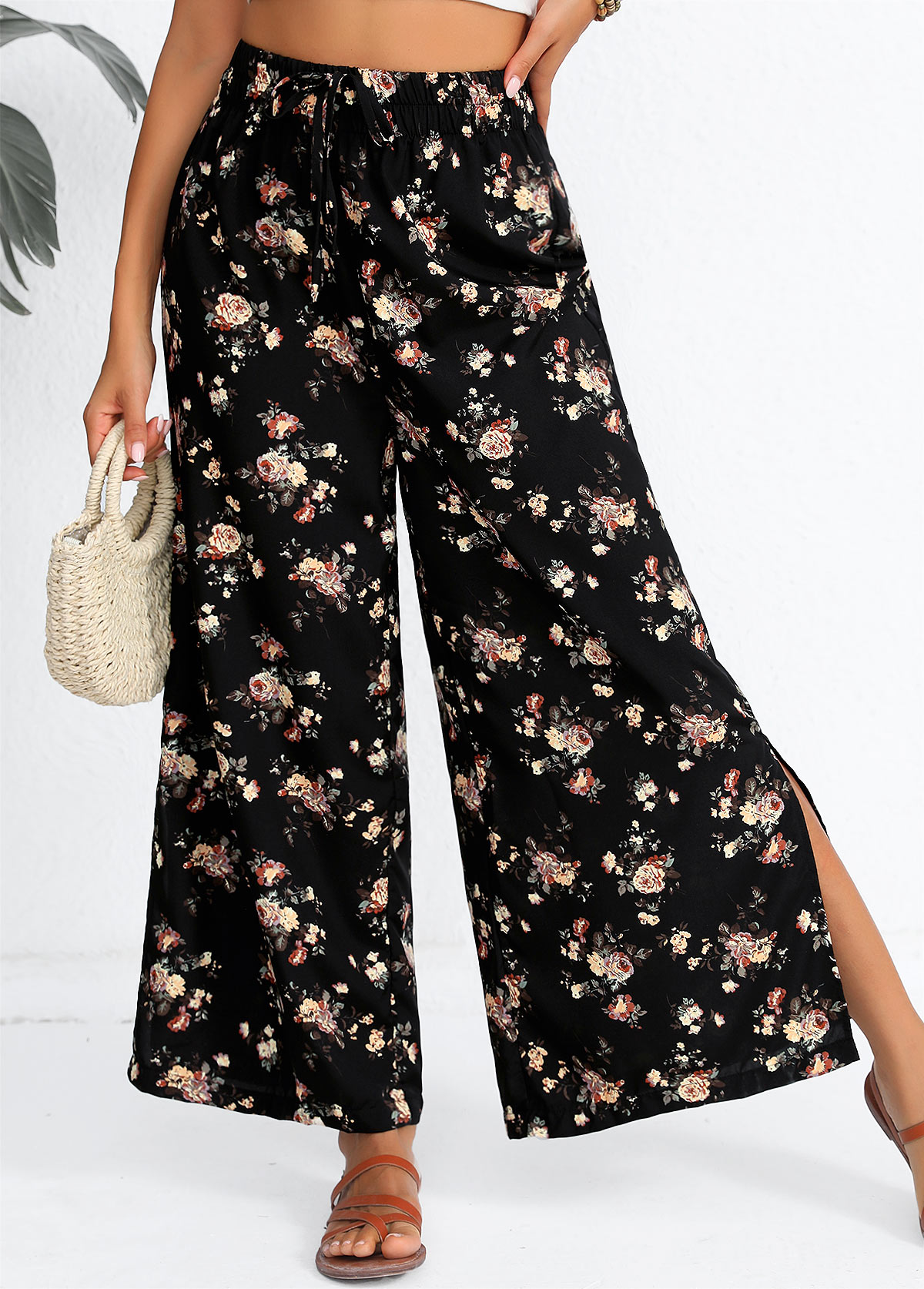 Black Split Ditsy Floral Print Flare Leg Pants | picture 