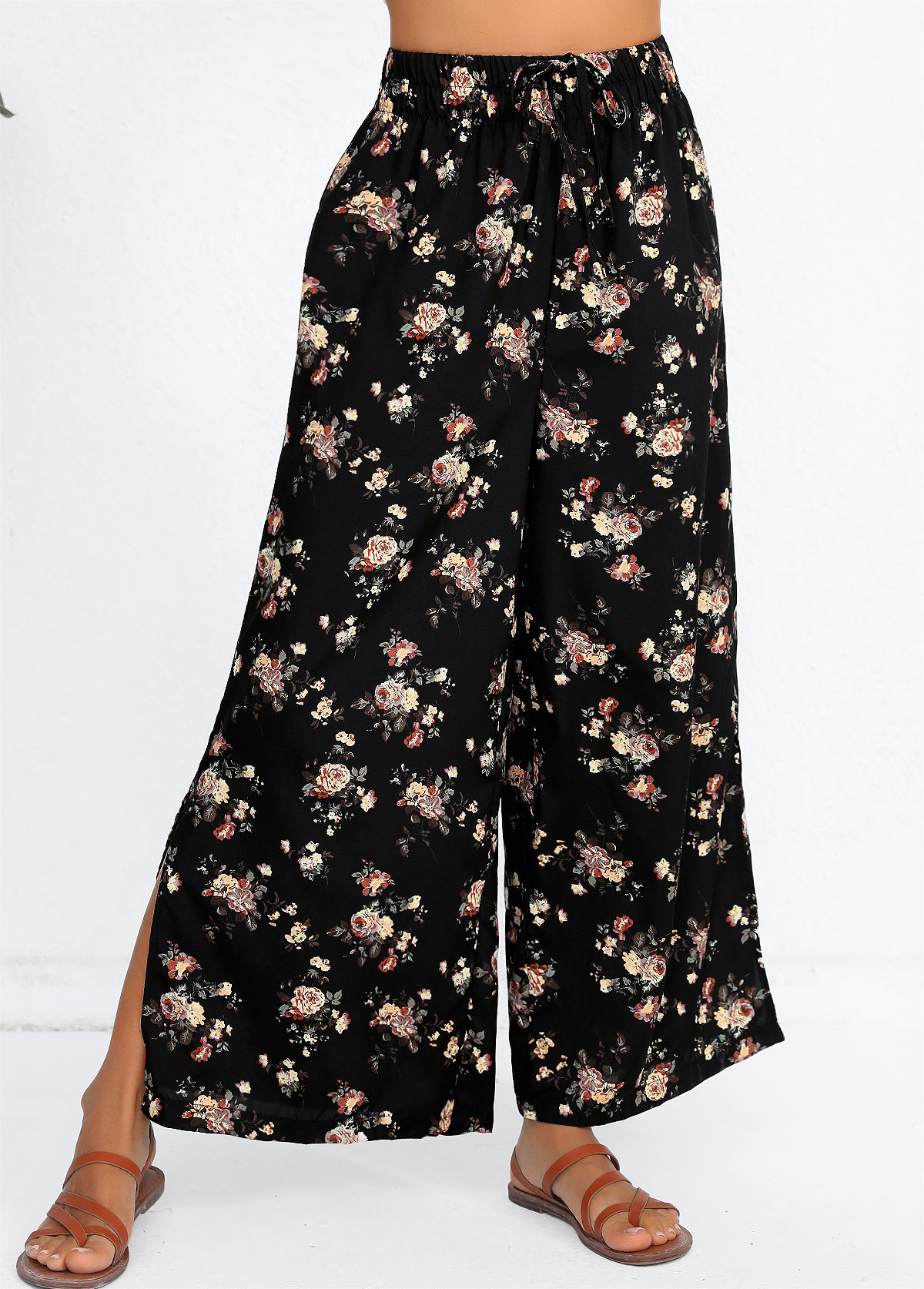 Black Split Ditsy Floral Print Flare Leg Pants | picture 