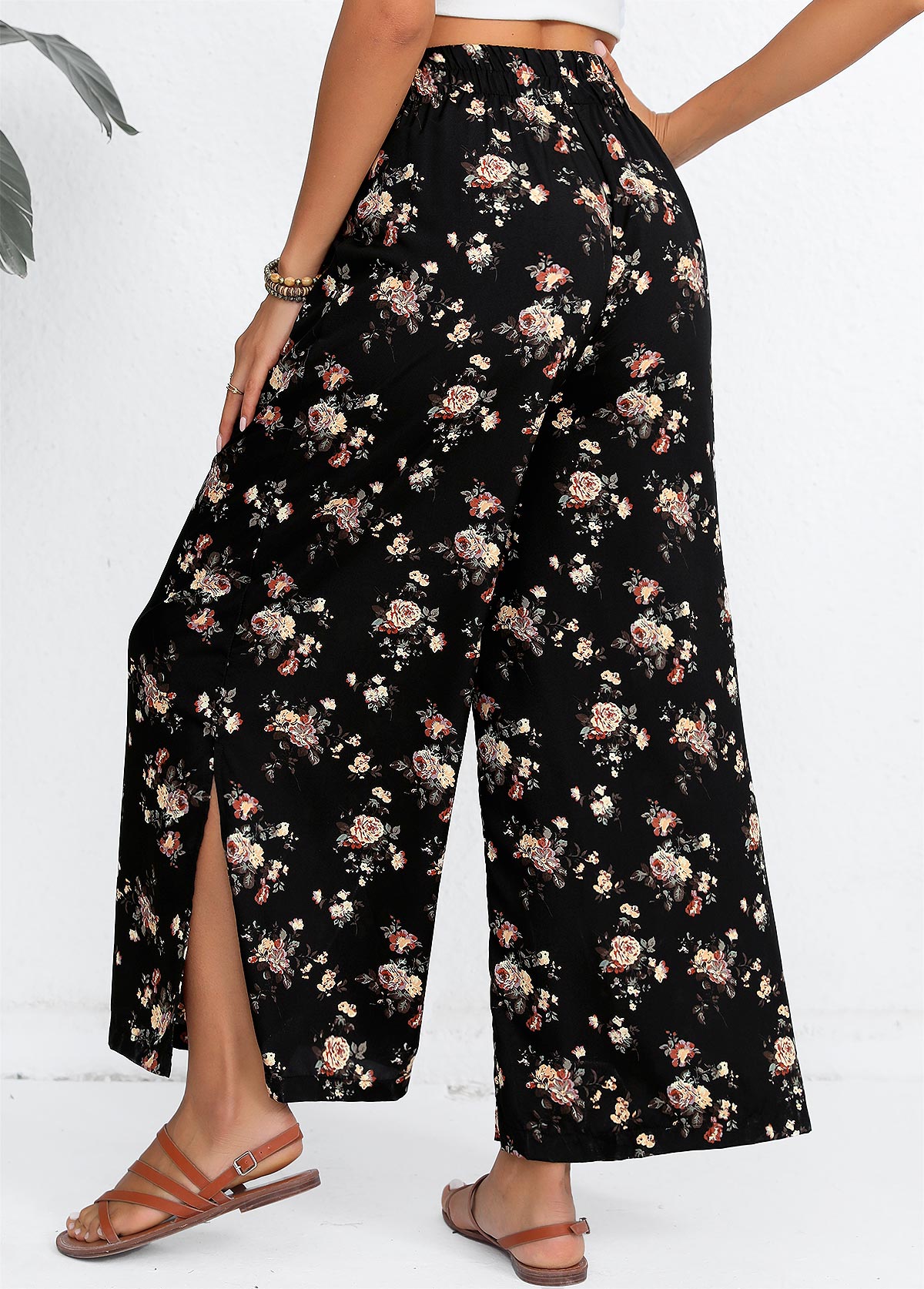 Black Split Ditsy Floral Print Flare Leg Pants | picture 