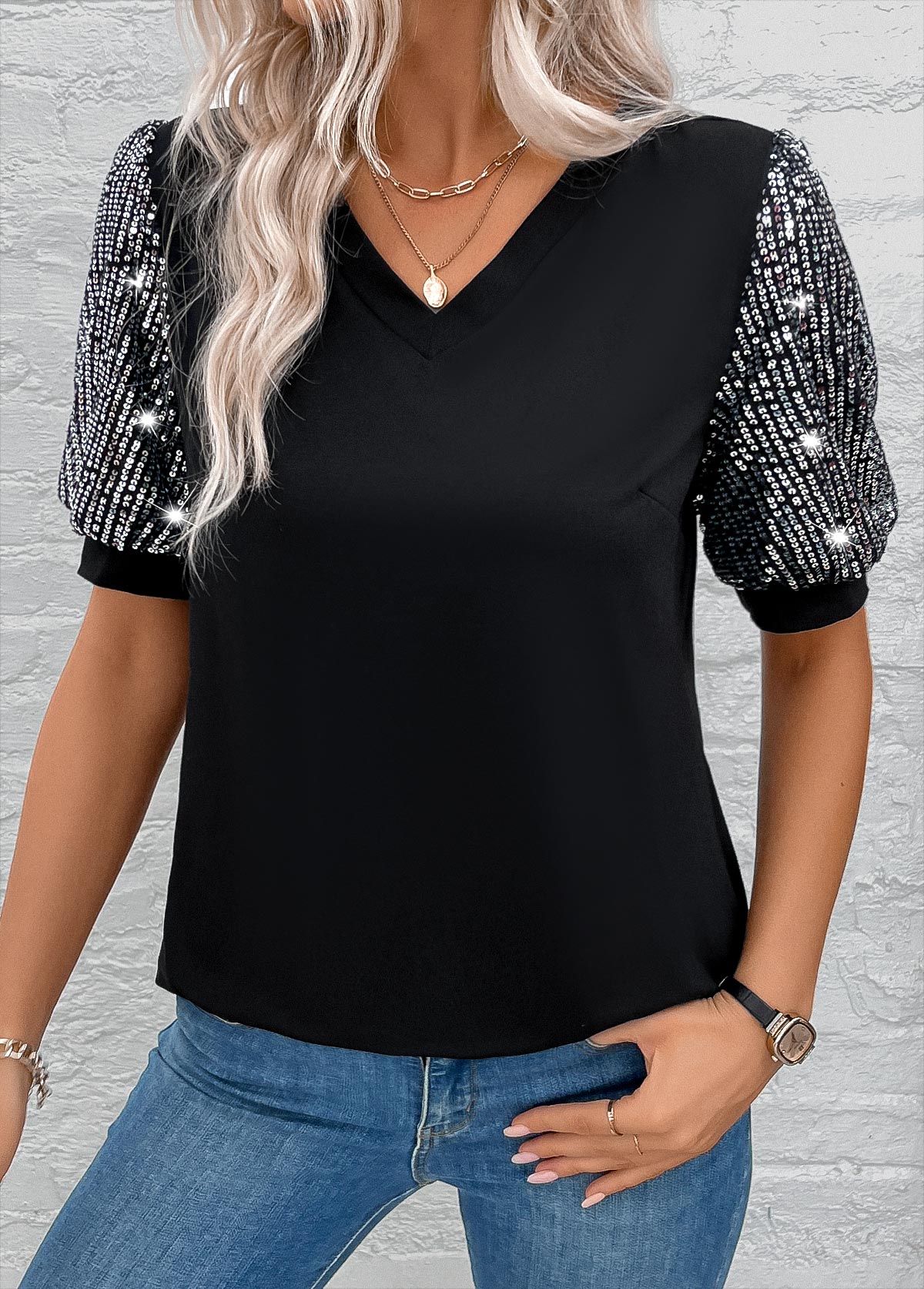 Black Sequin Short Sleeve V Neck T Shirt