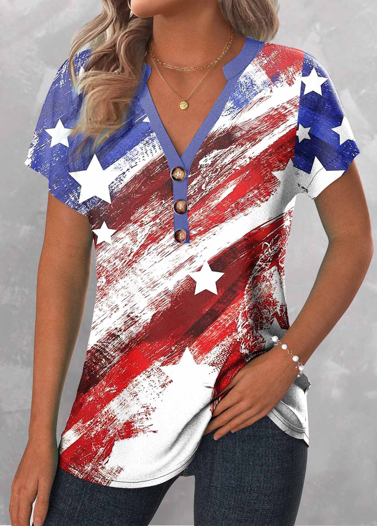 Multi Color Button Flag Print T Shirt | picture 