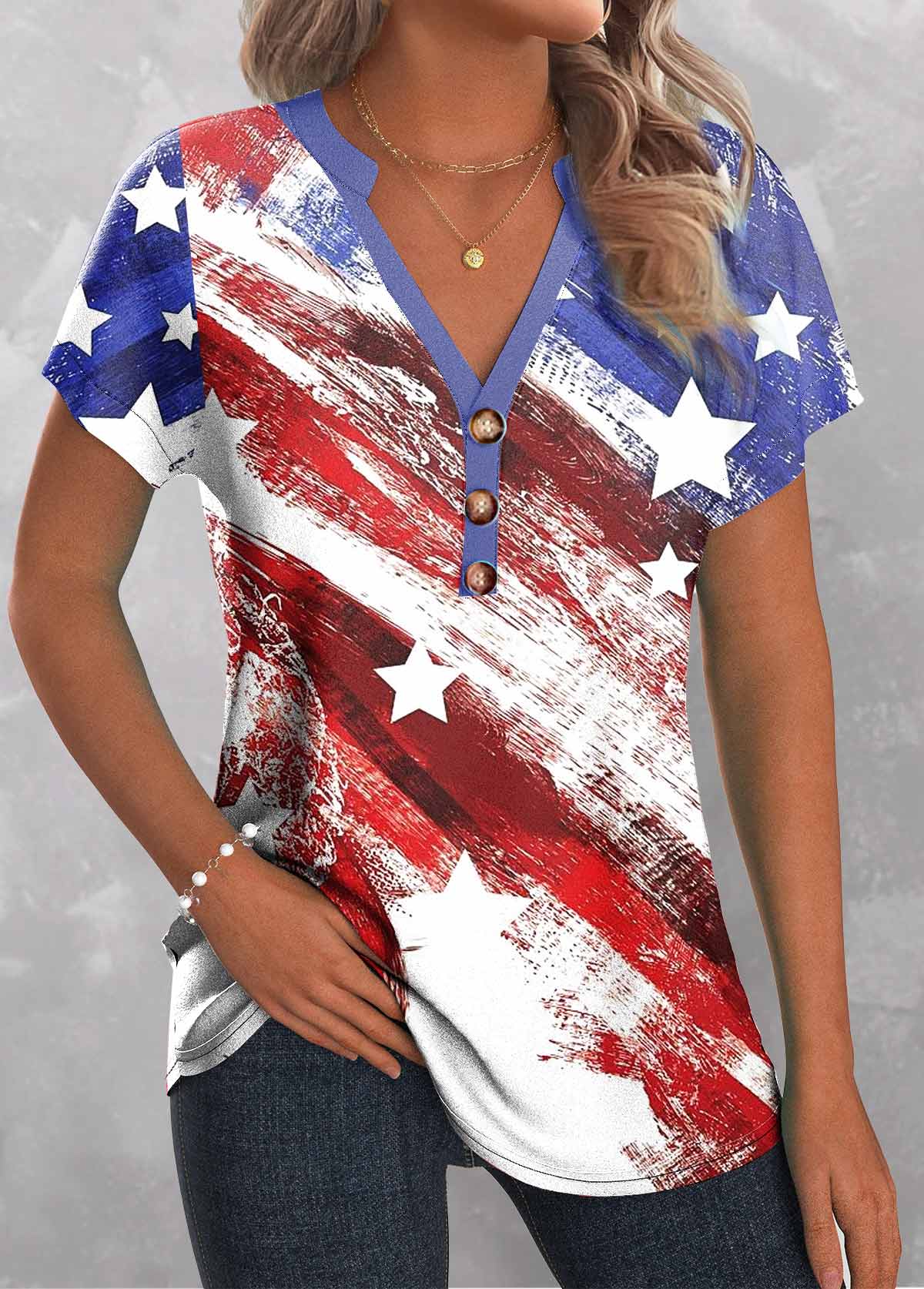 Multi Color Button Flag Print T Shirt | picture 