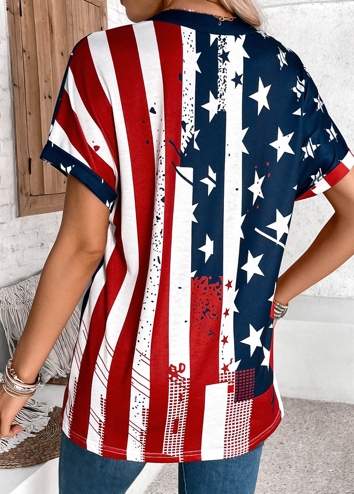 Multi Color Button American Flag Print T Shirt