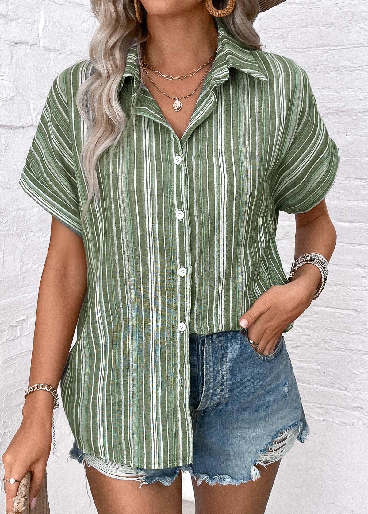 Sage Green Button Striped Short Sleeve Blouse