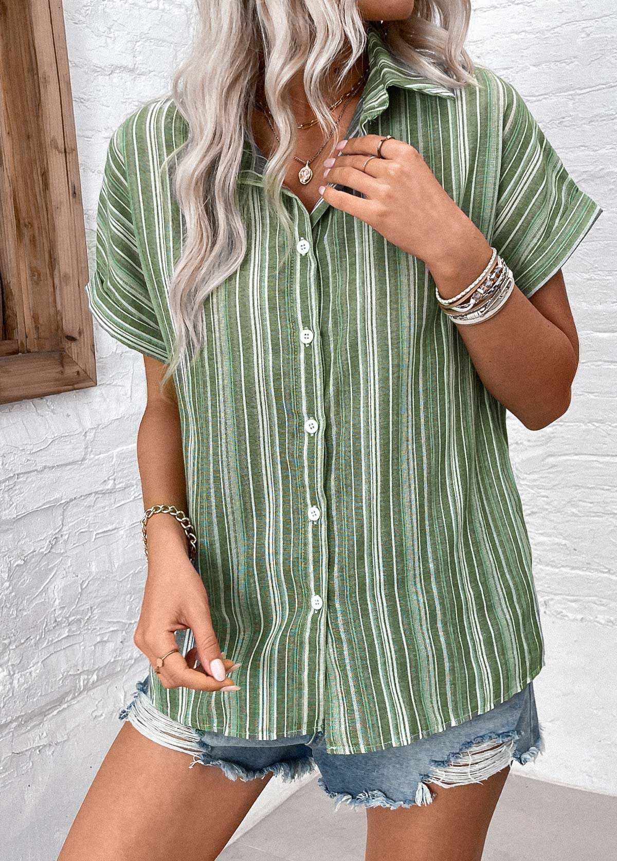 Sage Green Button Striped Short Sleeve Blouse | picture 