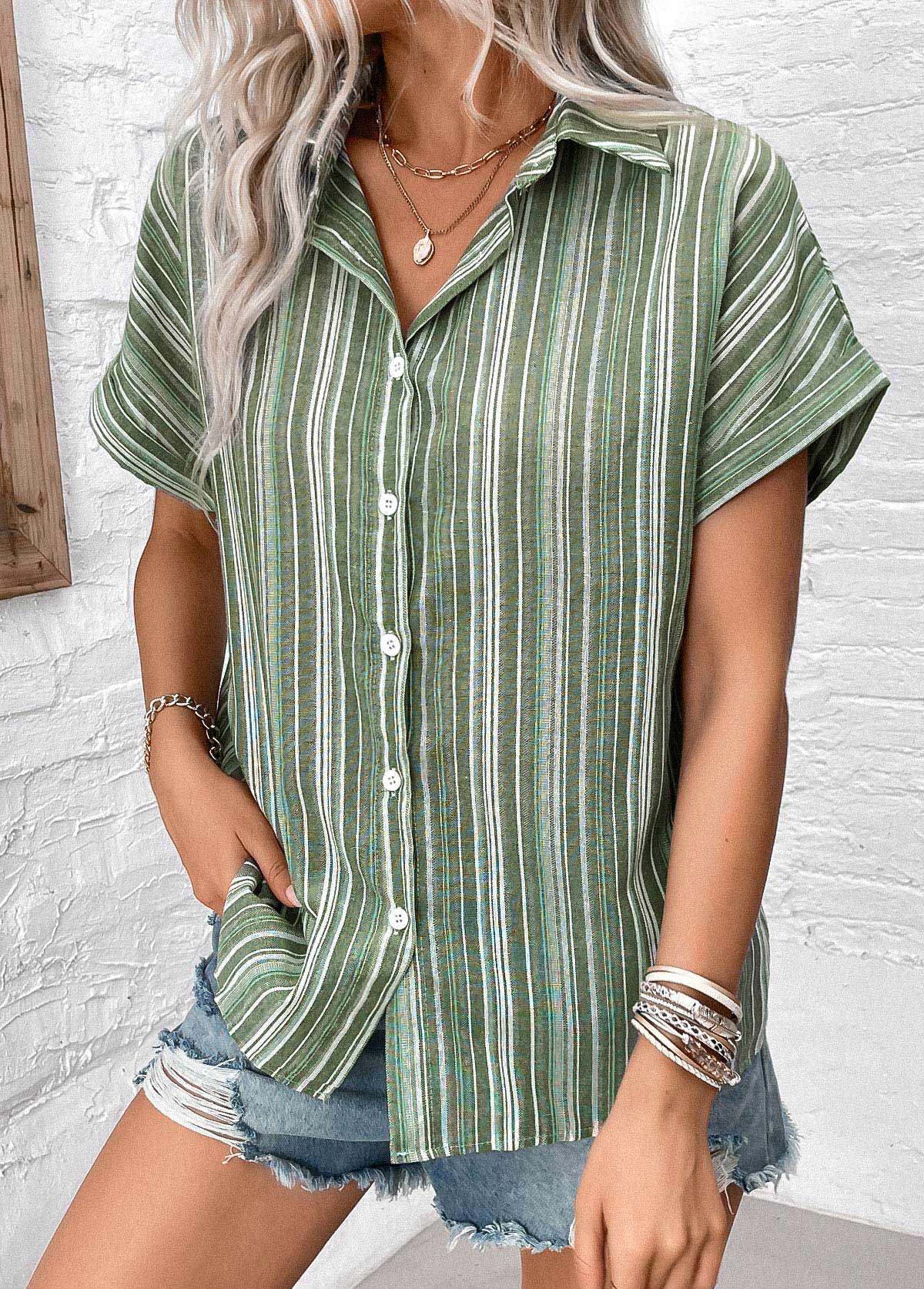 Sage Green Button Striped Short Sleeve Blouse | picture 