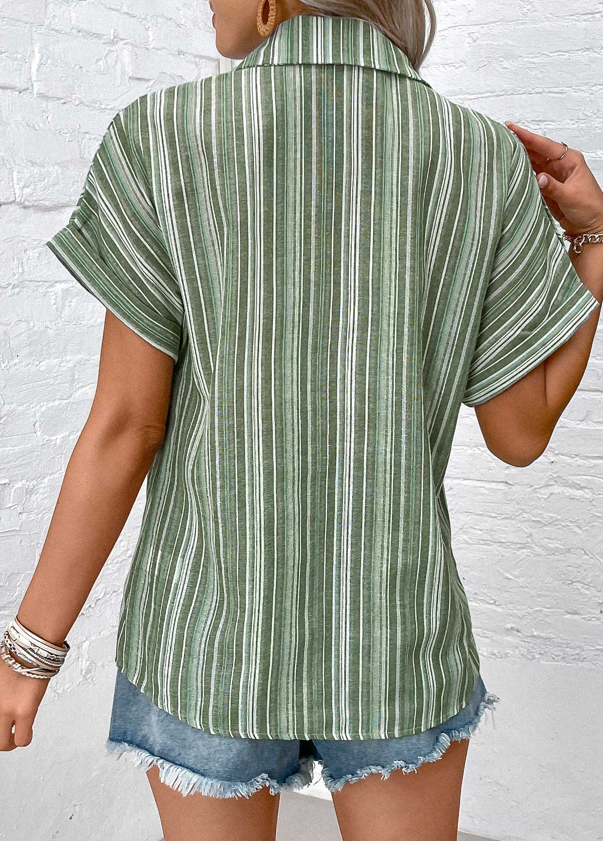 Sage Green Button Striped Short Sleeve Blouse | picture 