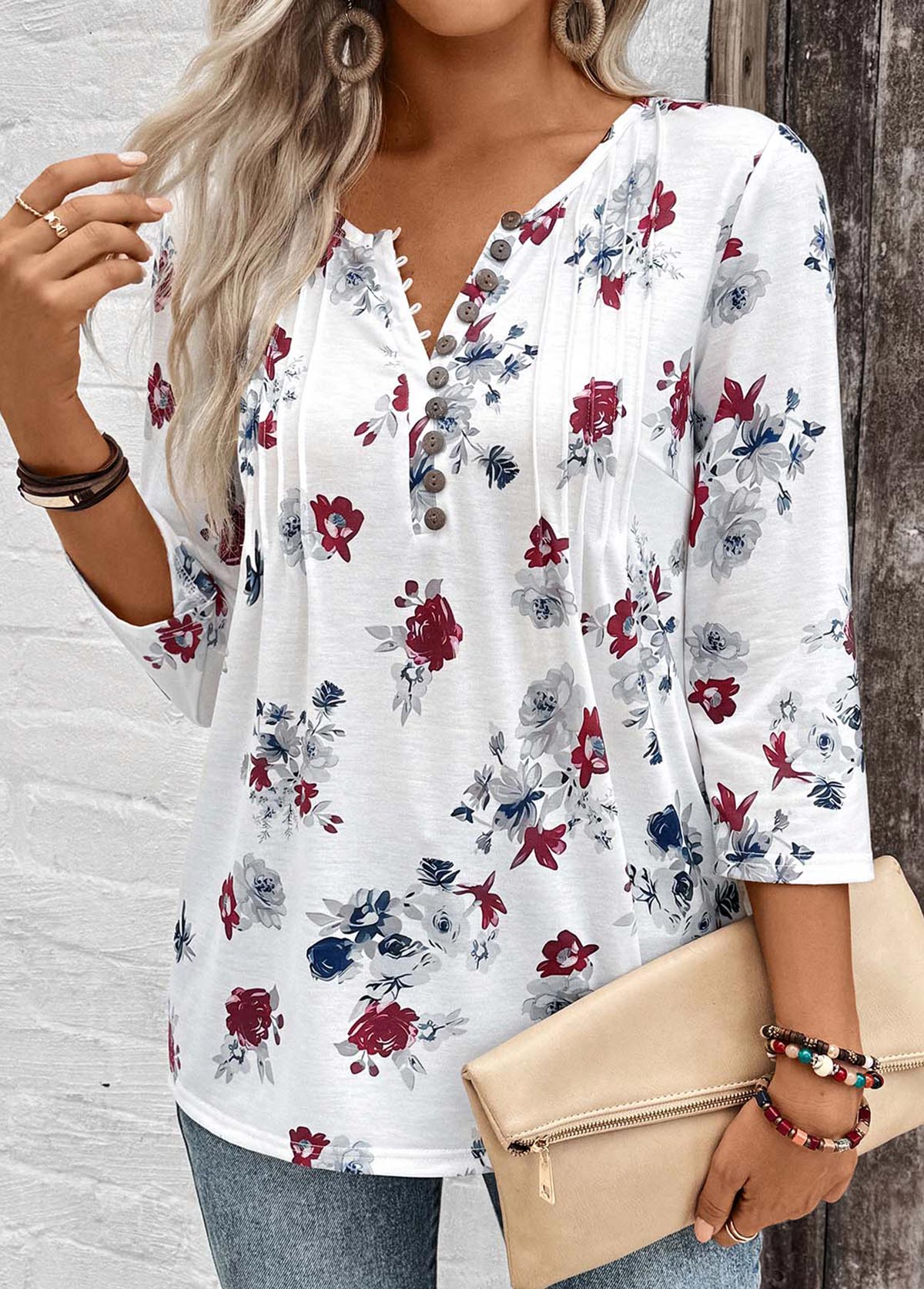 White Tuck Stitch Floral Print 3/4 Sleeve Blouse