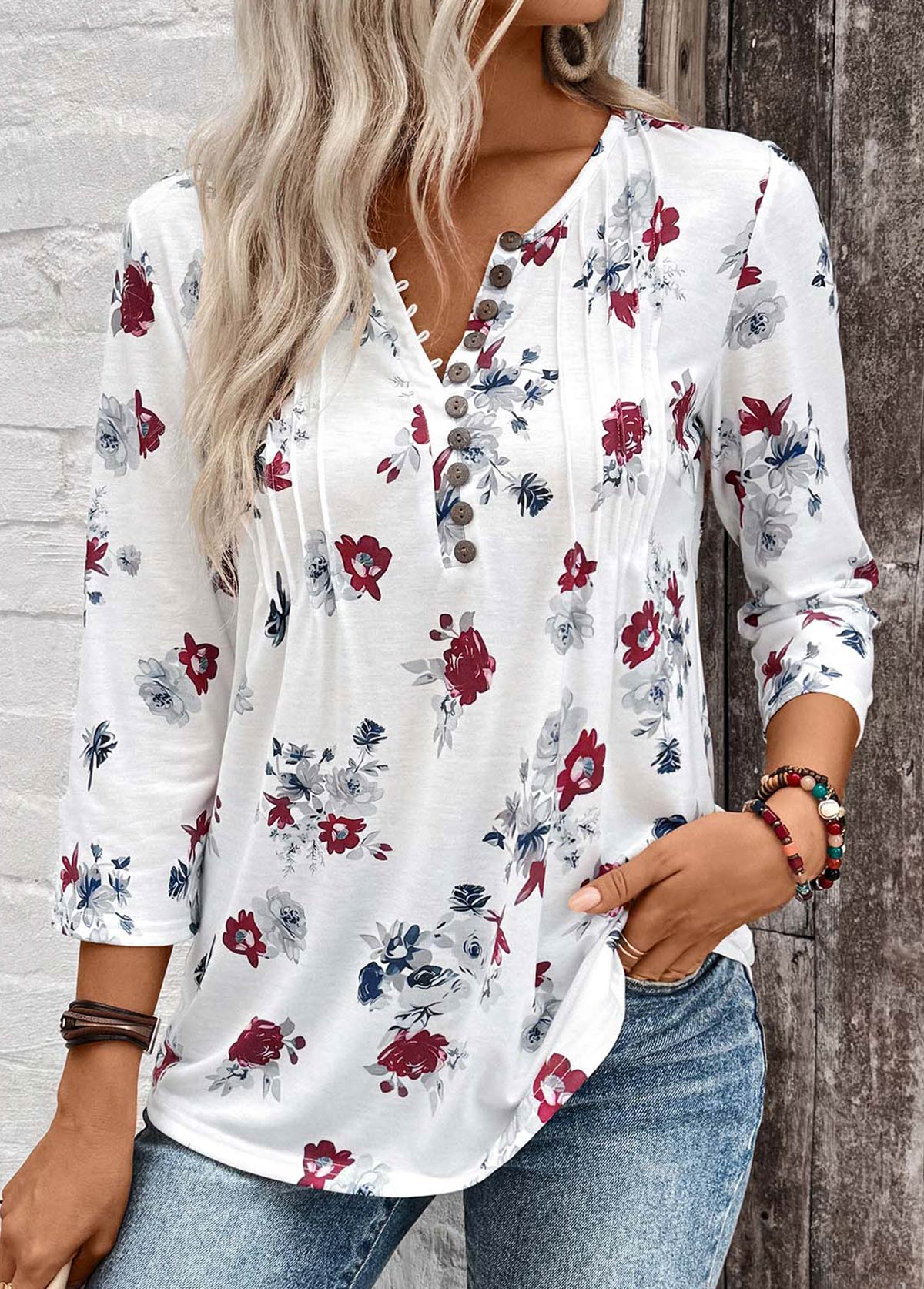 White Tuck Stitch Floral Print 3/4 Sleeve Blouse