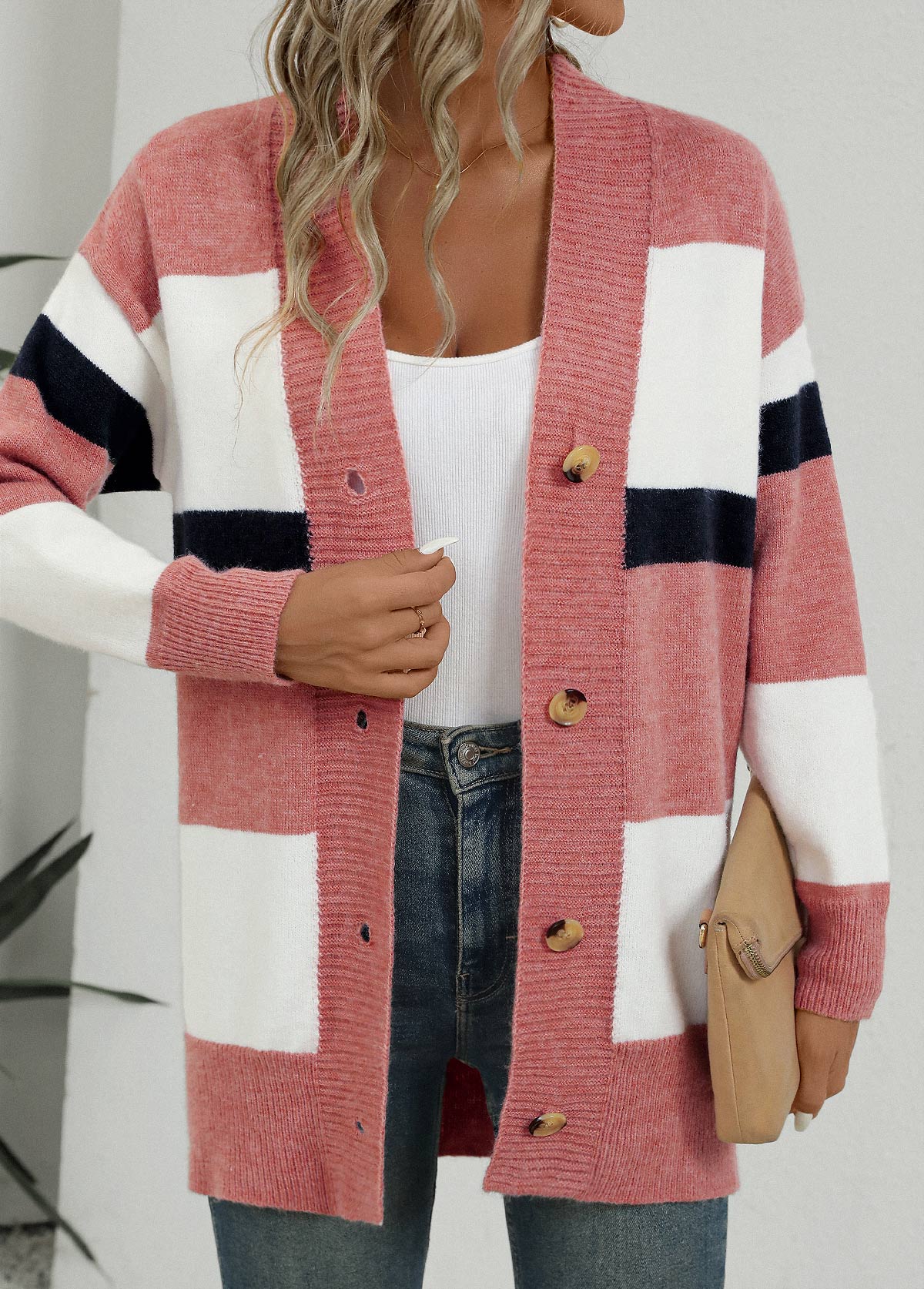 Pink Button Striped Long Sleeve Cardigan | picture 